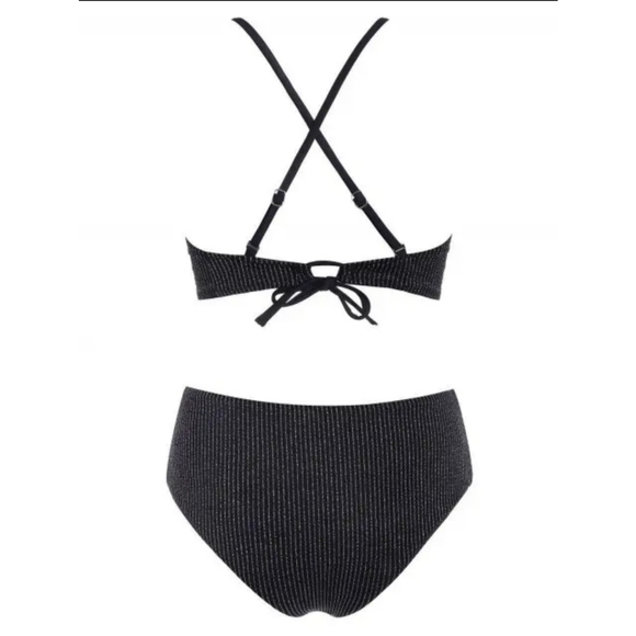 Metallic Bikini |Crisscross Cheeky Black Silver Frilled Padded Sz L - Picture 2 of 4